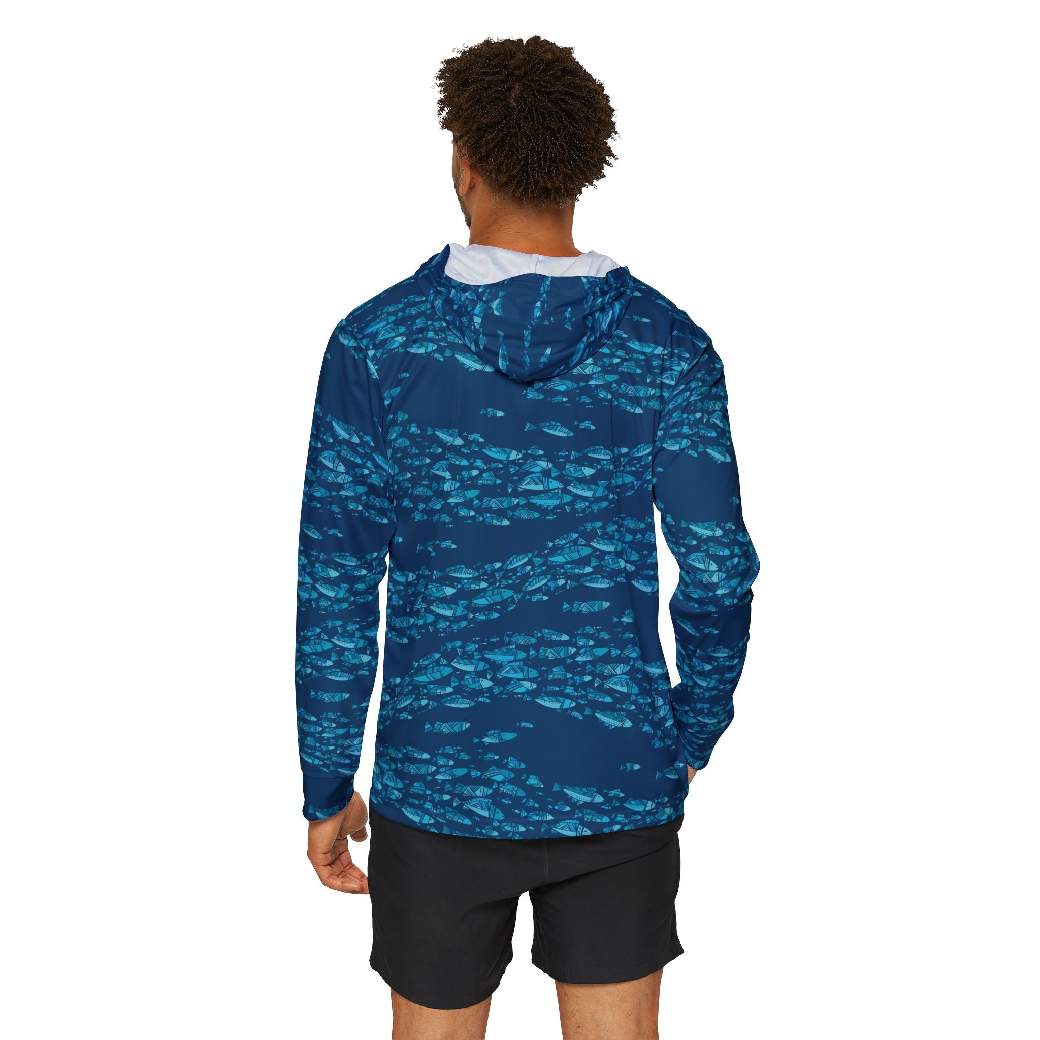 Deep Blue Schooling Fish — Unisex Fishing Pullover Hoodie (SPF 50+)