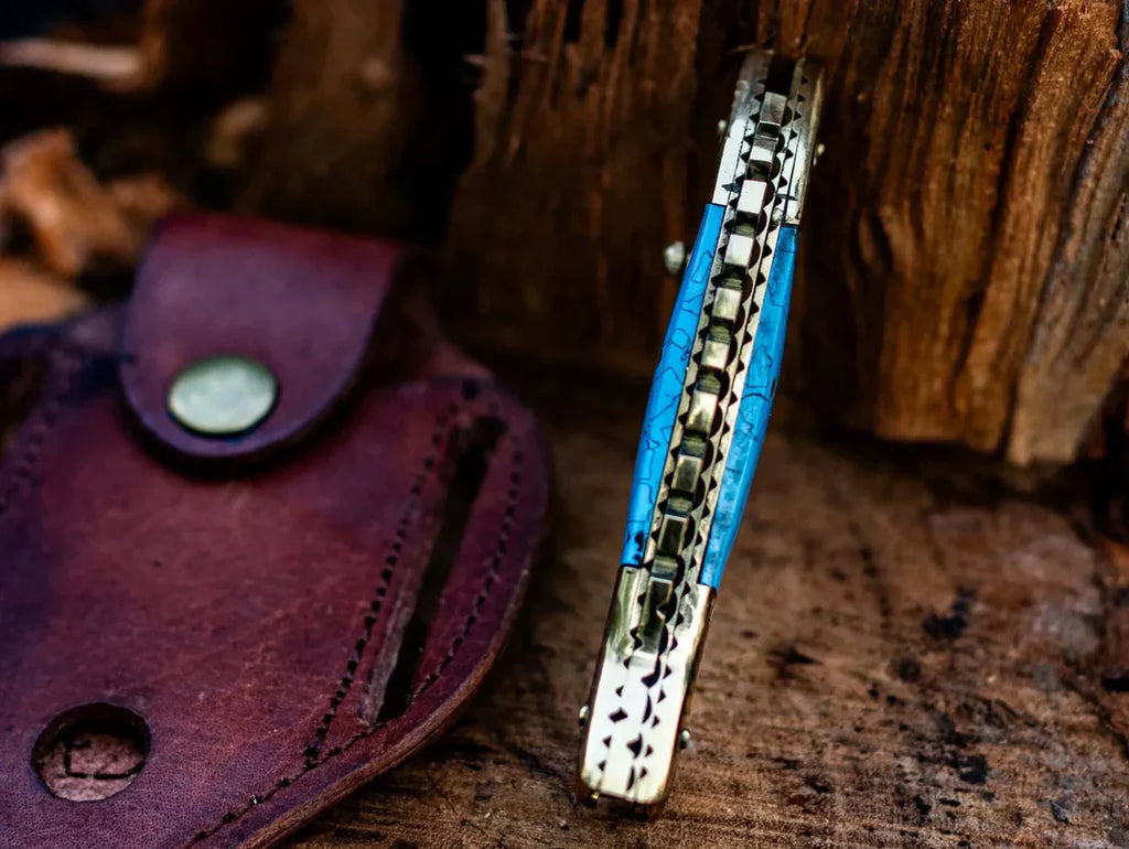 Custom Handmade Fish Style Damascus Steel Folding Knife with Epoxy Resin Handle & Brass Accents - Includes Leather Sheath